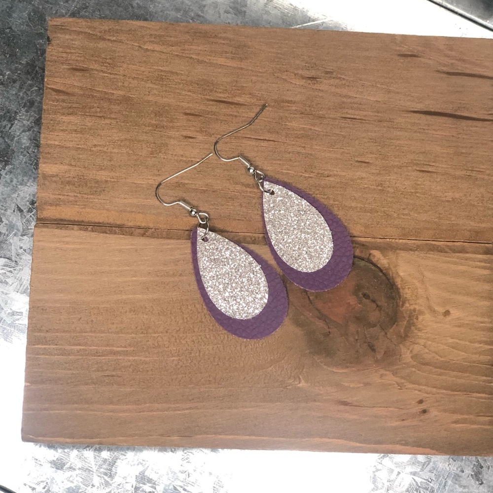1.5” Tear Drop Faux Leather and Glitter Earrings
